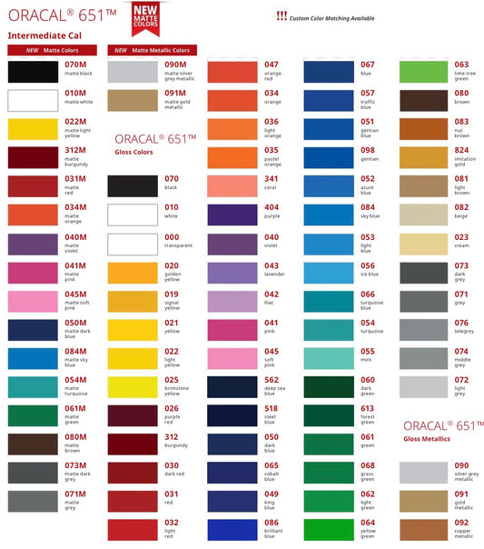 A color chart sheet for ORACAL 651 Intermediate Cal glass colors, showing many color options in a grid with labels and swatches.